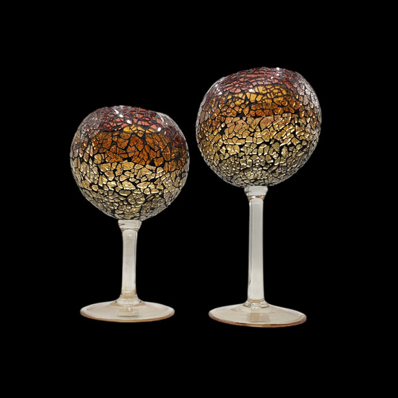 Partylite Mosaic Stemmed Candle Holders Set of 2 Amber Gold Glass Crackle - Picture 1 of 3